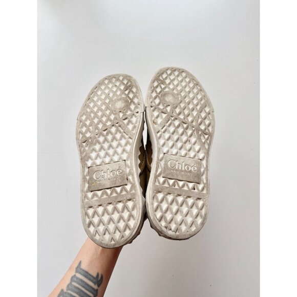 CHLOE Lauren Olive Green Nubuck Leather Scalloped Slip On Sneakers, Size 35 - Picture 13 of 16